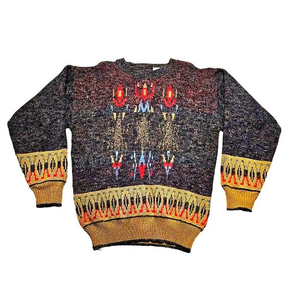 Vtg Zeppelin Sweater Mens Small Bold Geometric Pattern Pullover Gray Tan Red - Picture 1 of 11
